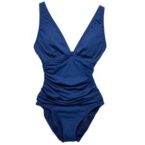Ellen Tracy Navy Blue Ribbed Ruched Plunge One Piece Swimsuit NWOT Women Size 8